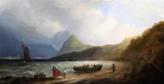 Attributed to Thomas Luny (1759-1837) Extensive coastal landscape with fisherfolk on the shore 47 x 92cm